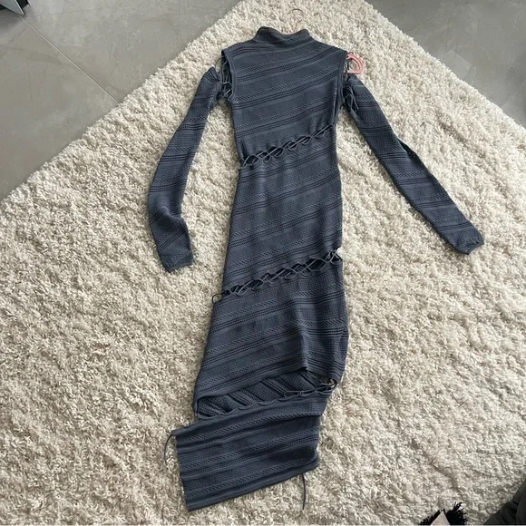 Dion Lee Slate Blue Long Sleeve Crochet Knit High Neck Lace-Up Dress - Picture 8 of 9